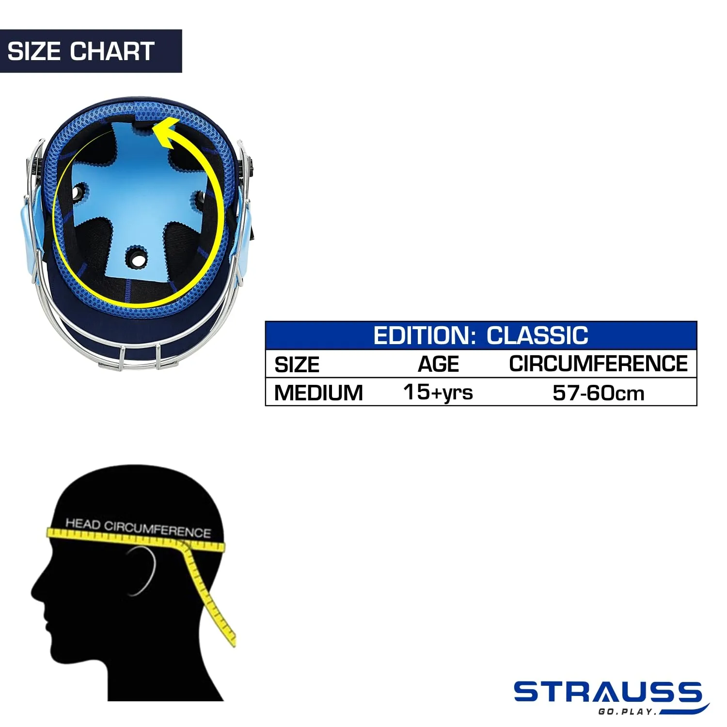 Strauss Cricket Helmet | Steel Grill | Edition: Classic | Size: Medium | Age: 15 yrs | Color: Blue | for Men, Women | Lightweight | Advance Protection | Leather Ball Cricket Helmet