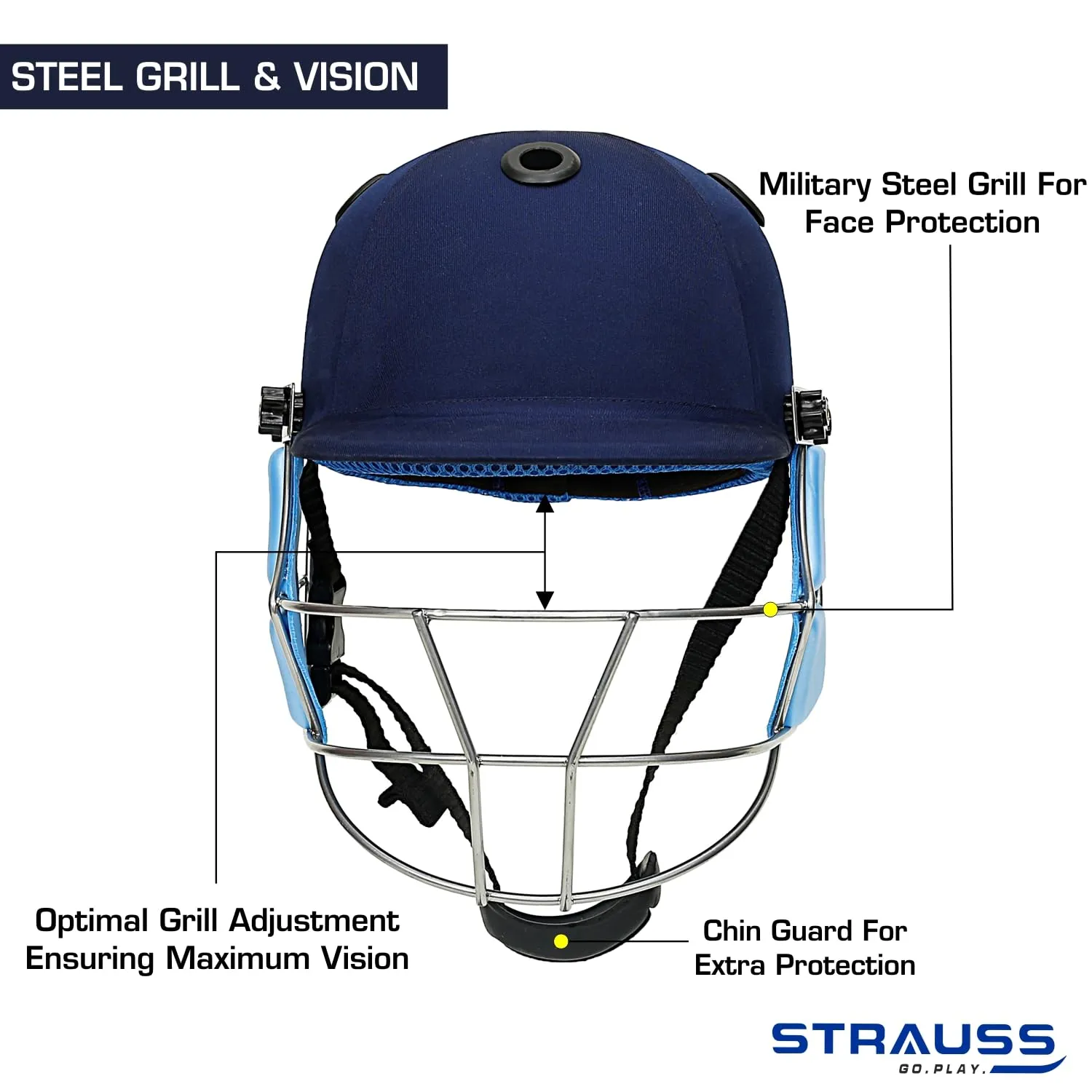 Strauss Cricket Helmet | Steel Grill | Edition: Classic | Size: Medium | Age: 15 yrs | Color: Blue | for Men, Women | Lightweight | Advance Protection | Leather Ball Cricket Helmet