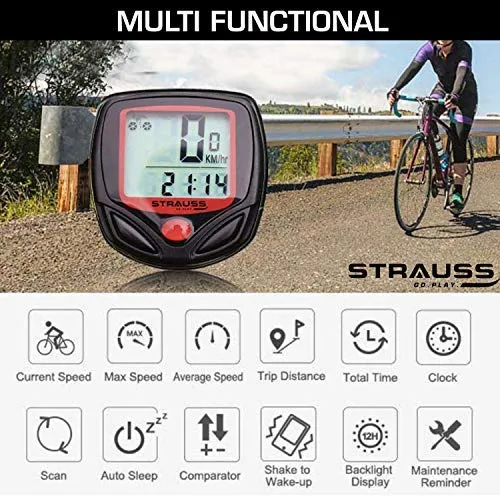 Strauss Cycle Mobile Phone Holder with Mount Bracket, (Black), Gel Seat Cover (Black) and Bicycle Speedometer, (Black/Red)