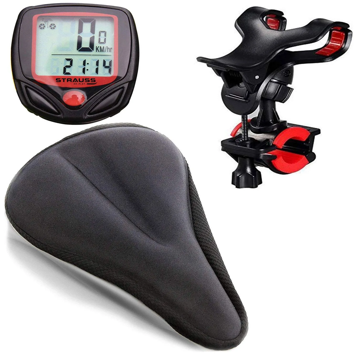 Strauss Cycle Mobile Phone Holder with Mount Bracket, (Black), Gel Seat Cover (Black) and Bicycle Speedometer, (Black/Red)