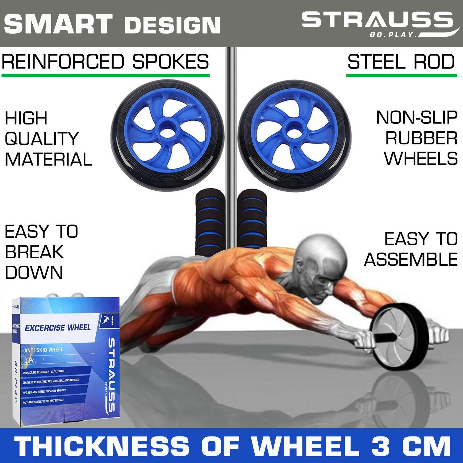 Strauss Double Wheel Ab Exerciser With Knee Pad and Yoga Soft Chest Expander