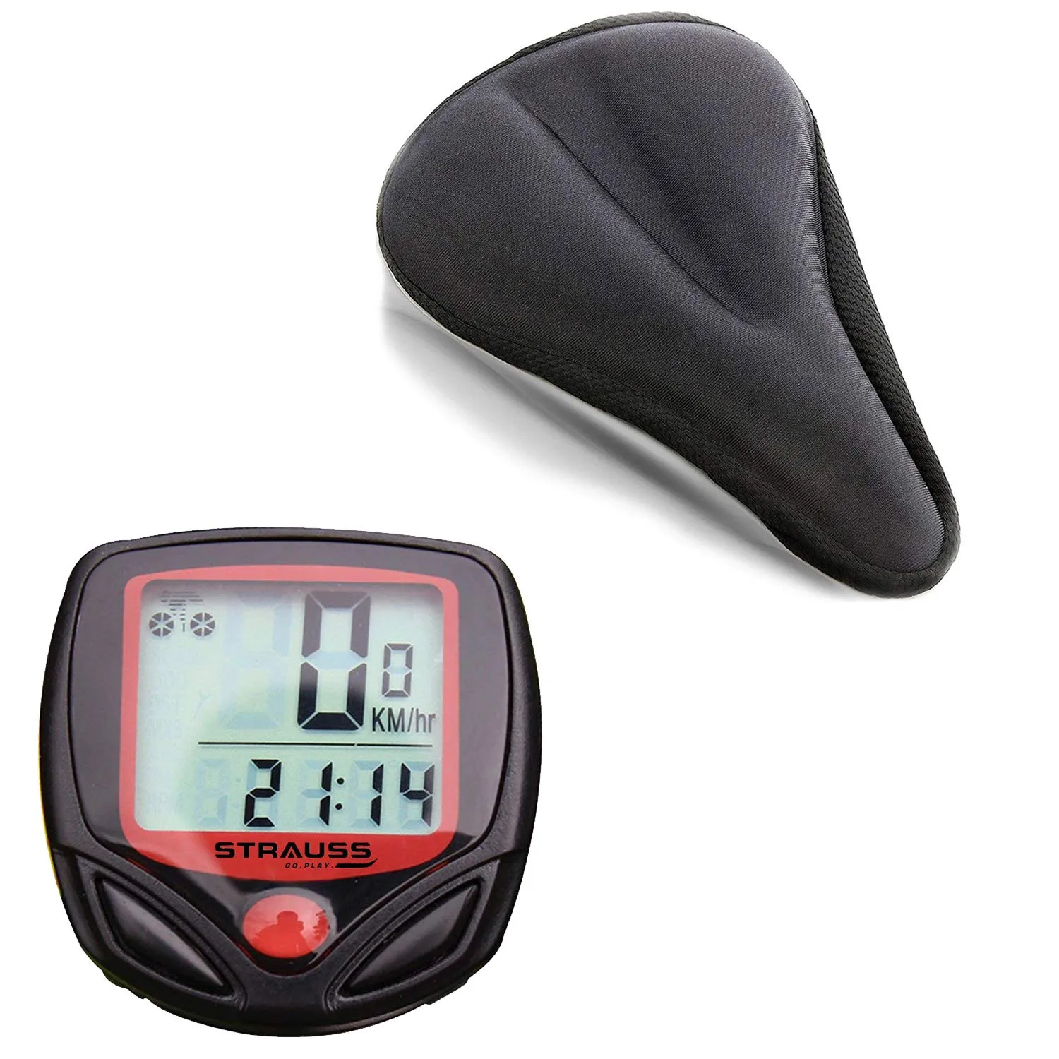 Strauss Gel Seat Cover (Black) and Bicycle Speedometer, (Black/Red)