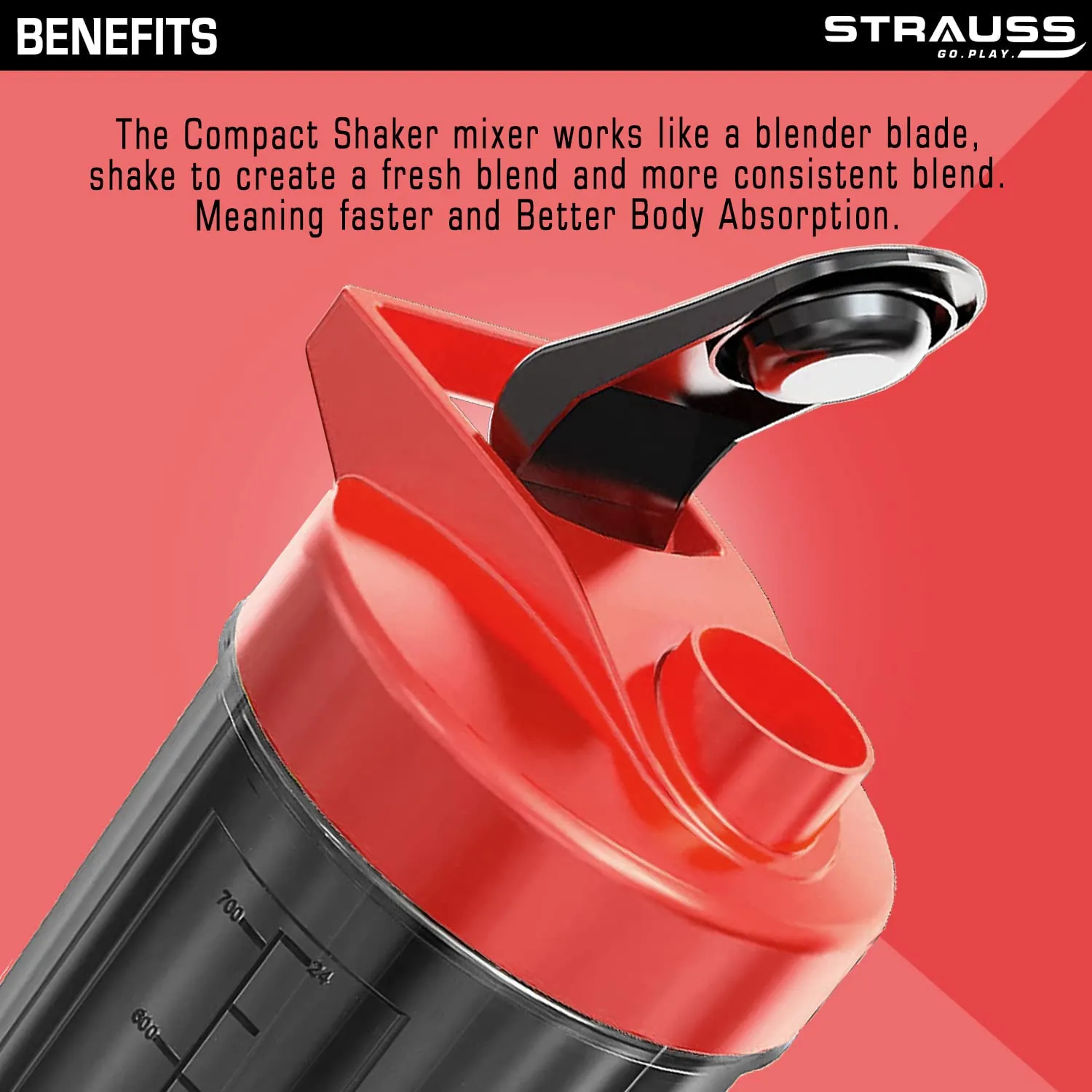 Strauss Recharge Shaker Bottle | BPA-Free Protein Shaker with Blender Ball | Leak-Proof Gym Bottle for Protein Shakes | Gym Bottle for Men and Women | Ideal for Gym, Yoga & Running, (Black/Red)