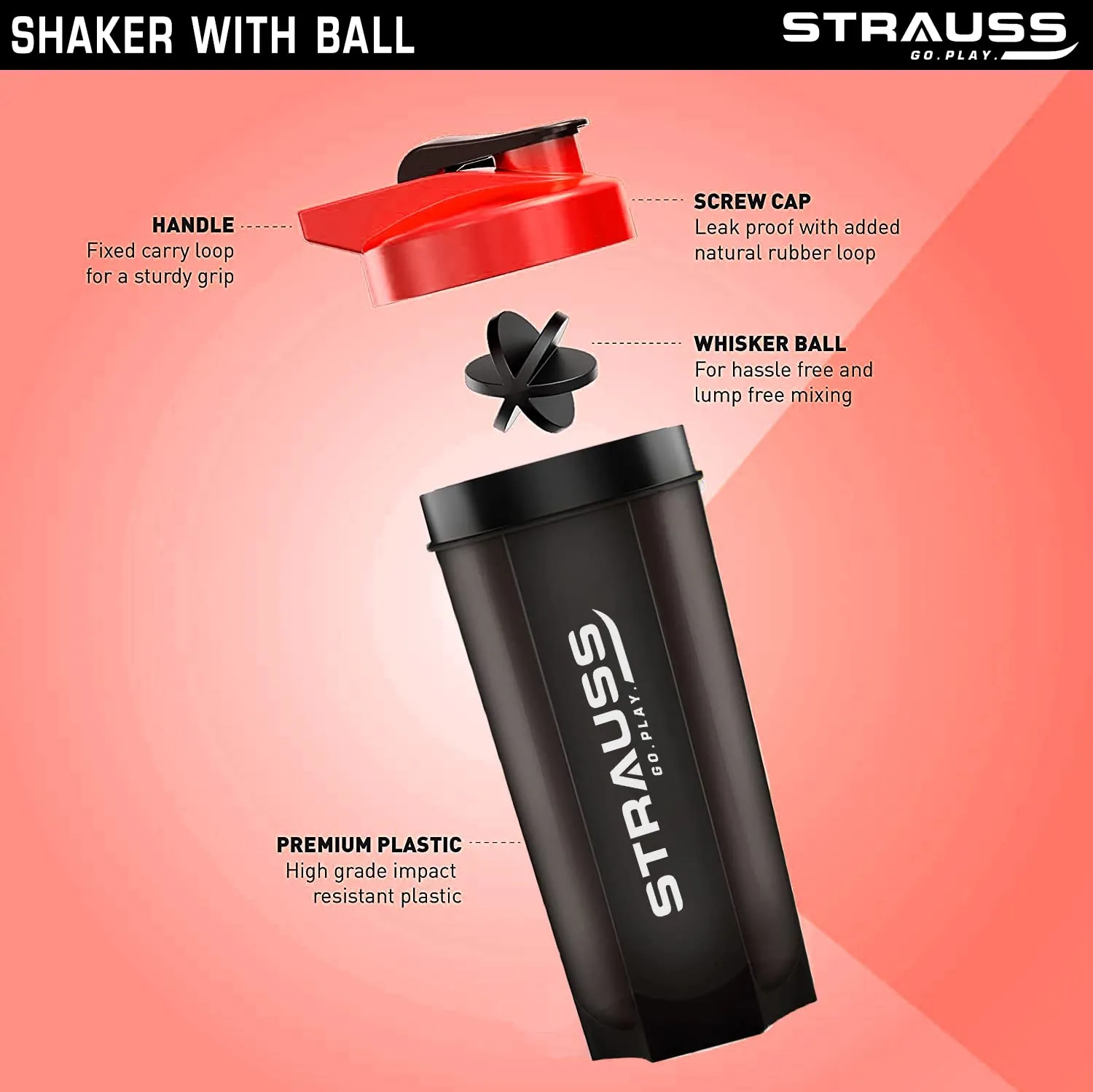 Strauss Recharge Shaker Bottle | BPA-Free Protein Shaker with Blender Ball | Leak-Proof Gym Bottle for Protein Shakes | Gym Bottle for Men and Women | Ideal for Gym, Yoga & Running, (Black/Red)