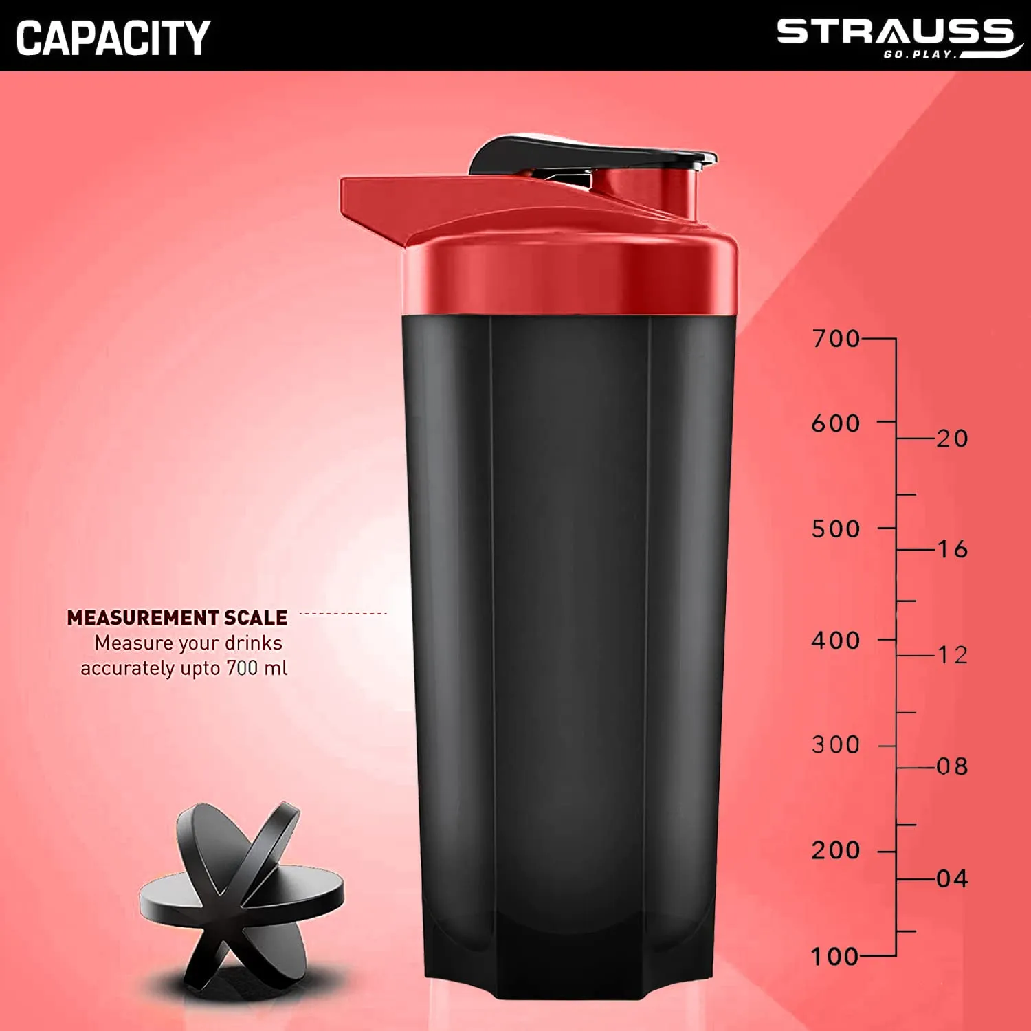 Strauss Recharge Shaker Bottle | BPA-Free Protein Shaker with Blender Ball | Leak-Proof Gym Bottle for Protein Shakes | Gym Bottle for Men and Women | Ideal for Gym, Yoga & Running, (Black/Red)