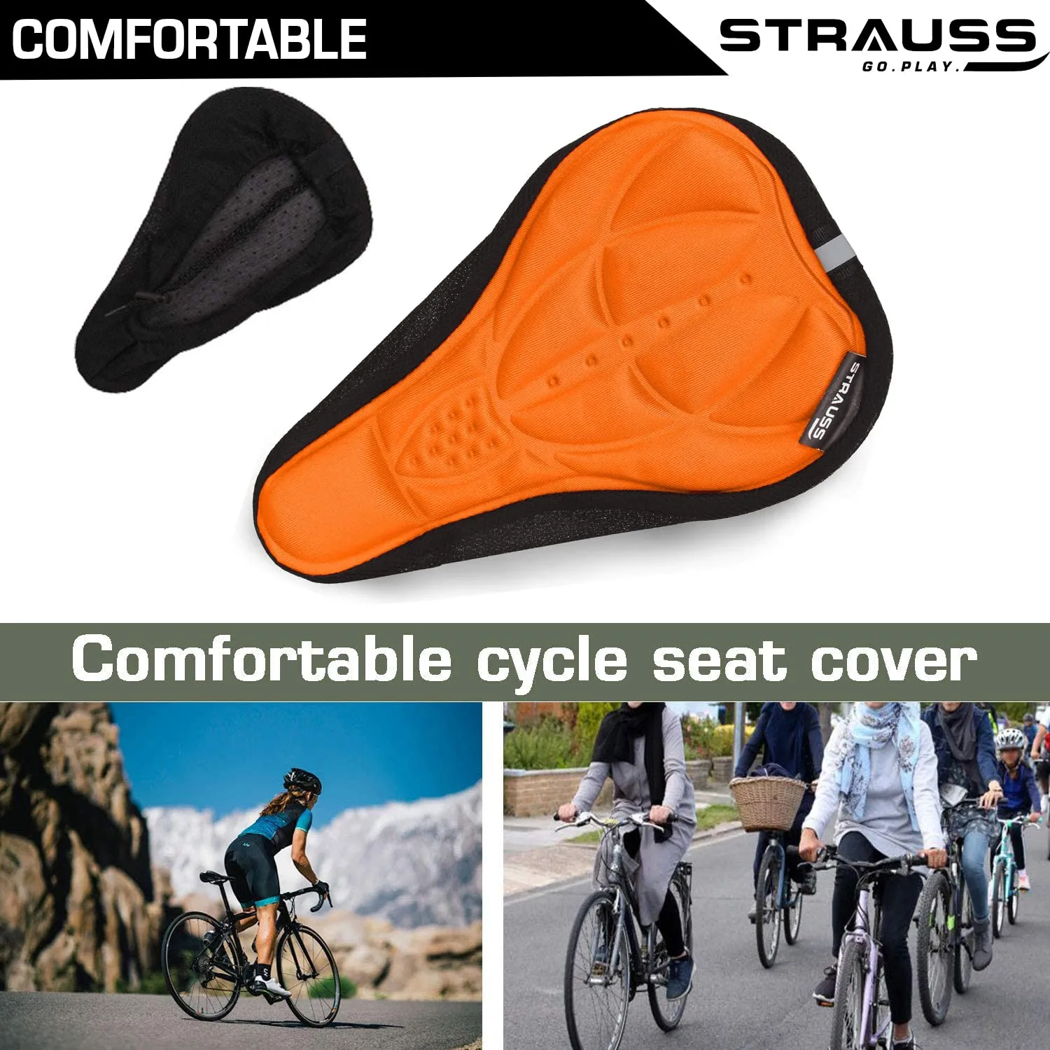 Strauss Saddle Seat Cover with Anti-Slip Granules & Soft, Thick Padding | Superior Comfort, Breathable Design | Comes with Adjustable Rope Straps & Fits All Cycles, (Orange)