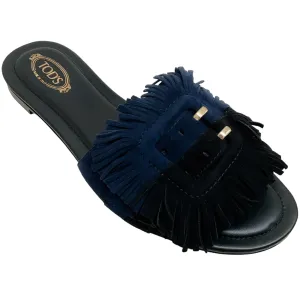 Tod's Black / Navy Blue Suede Fringe Buckle Sandals