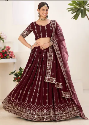 Warmful Maroon Bordered Sequins Sangeet Wear Lehenga Choli