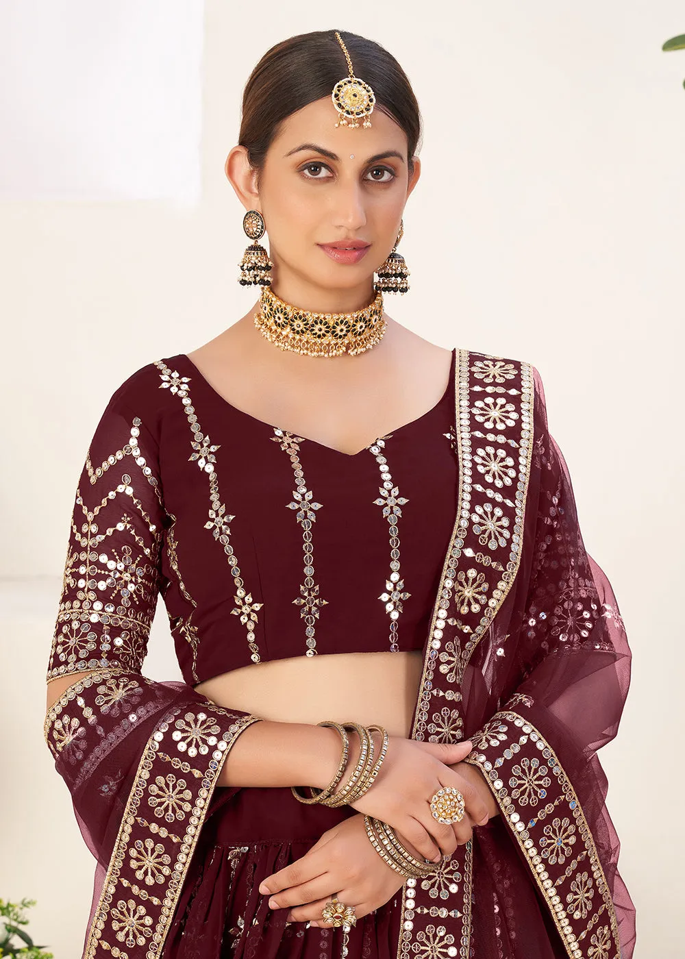 Warmful Maroon Bordered Sequins Sangeet Wear Lehenga Choli