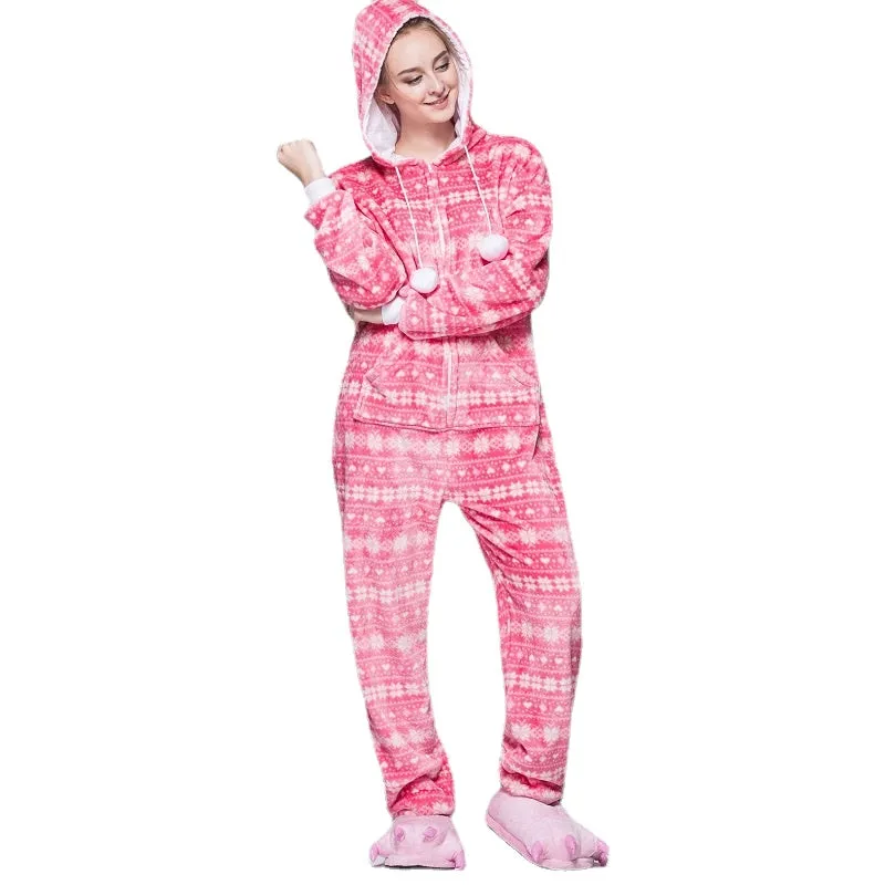 Women Snowflake Pajamas Flannel Winter Pyjama Cartoon  Red Bird Sexy Hooded Pijama Sleepwear Onesies For Adults