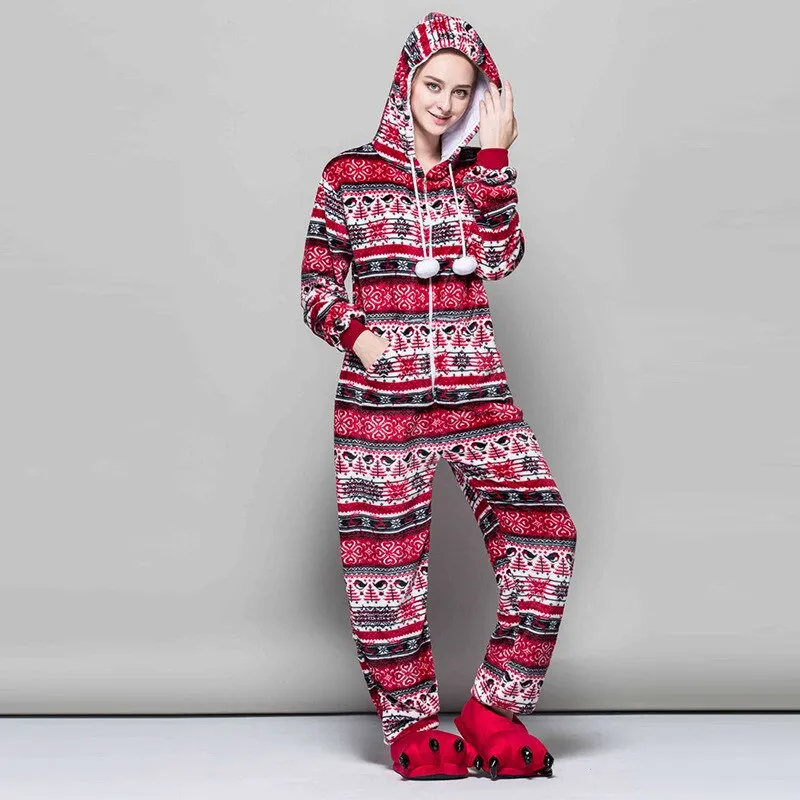 Women Snowflake Pajamas Flannel Winter Pyjama Cartoon  Red Bird Sexy Hooded Pijama Sleepwear Onesies For Adults