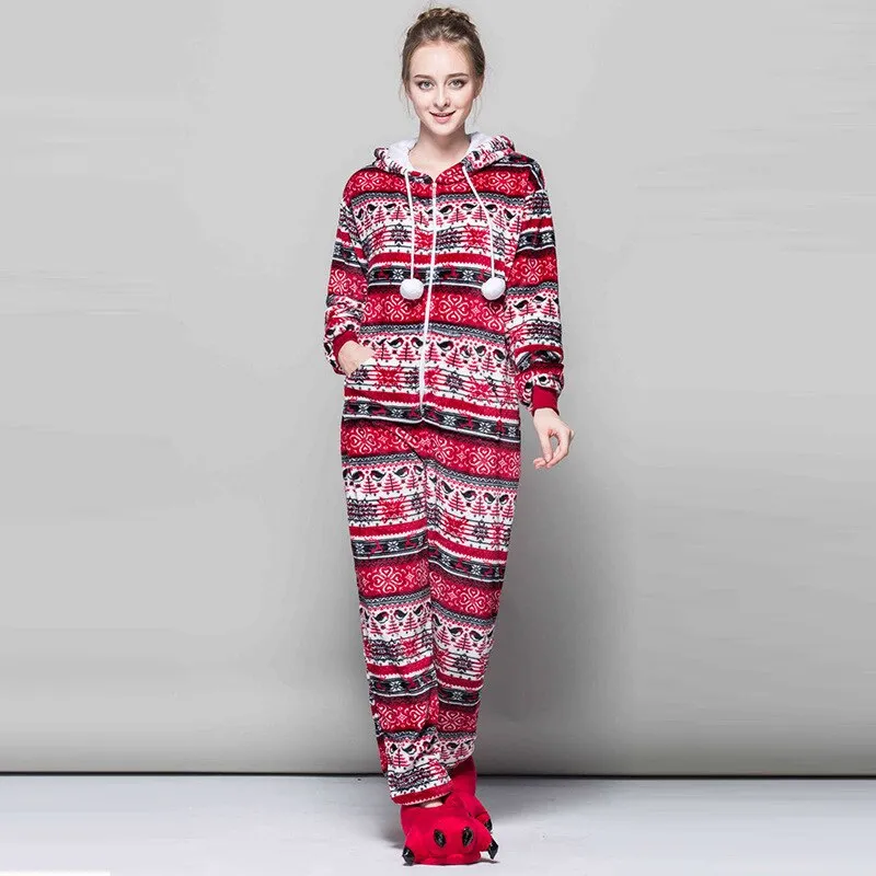 Women Snowflake Pajamas Flannel Winter Pyjama Cartoon  Red Bird Sexy Hooded Pijama Sleepwear Onesies For Adults