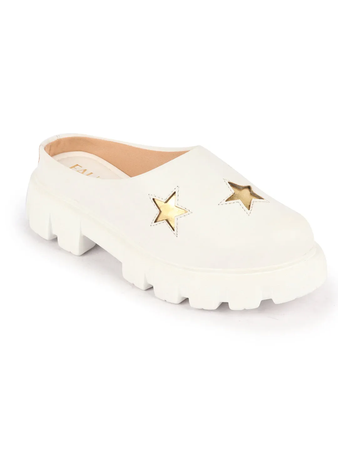 Women White Laser Cut Star Open Back Height Enhancer Slip On Casual Shoes