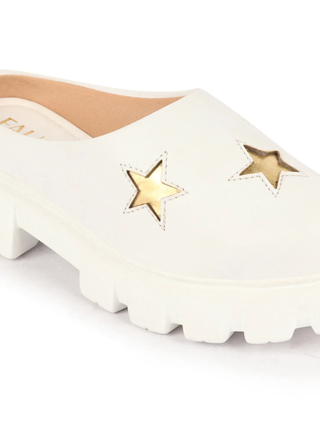 Women White Laser Cut Star Open Back Height Enhancer Slip On Casual Shoes